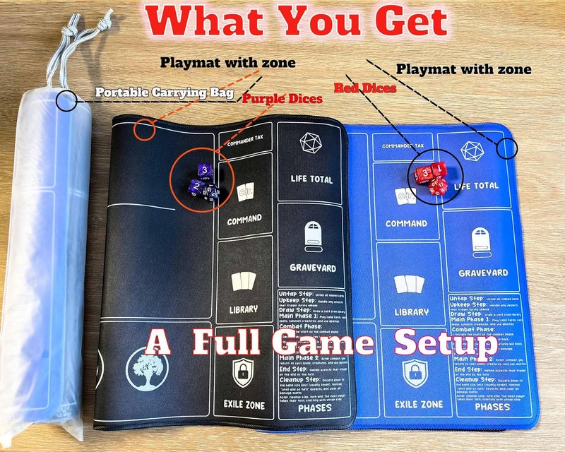 HaoSiTeck Card Game Playmats MTG Playmat for Beginner 2 Pack with Dices, Magic Mat Commander Deck Card Playmat for TCG MTG Accessories Play Mat 24x14 Inches Duel Card Battles, Black/Blue - Image 2